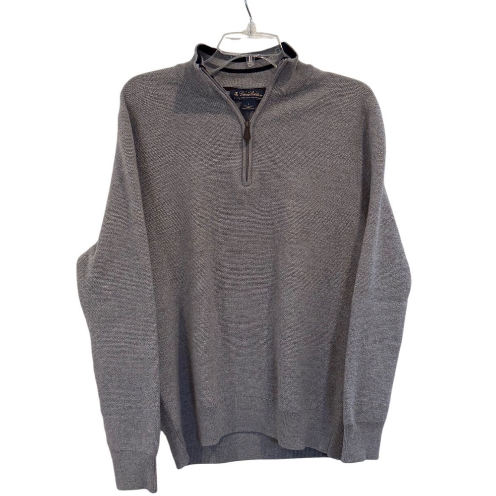 Brooks Brothers Mens Extra Fine Italian Merino Wool Quarter Zip Sweater Grey L
